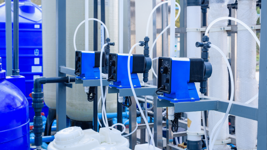 Chlorine dosing pumps in an industrial water treatment system—part of a safe, efficient on-site chlorine generation setup.