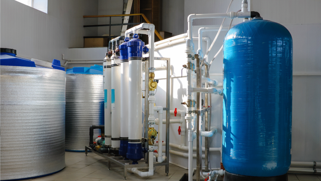 Electrodeionization (EDI) water treatment system with pressure vessels and filtration units in a facility.