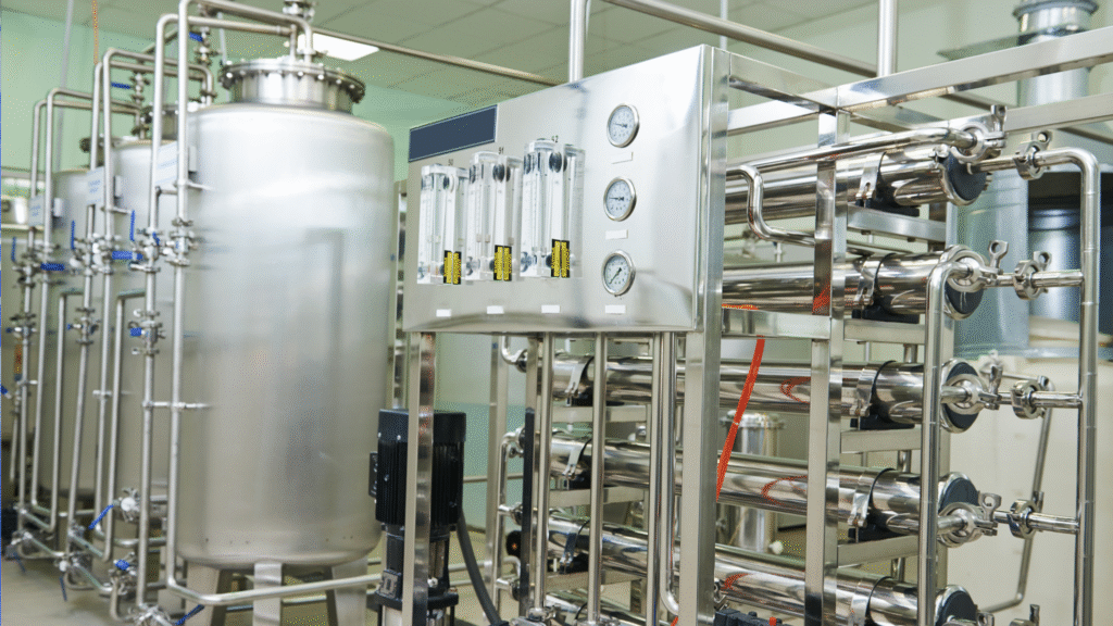 Stainless steel reverse osmosis and pretreatment system in an industrial water treatment facility.