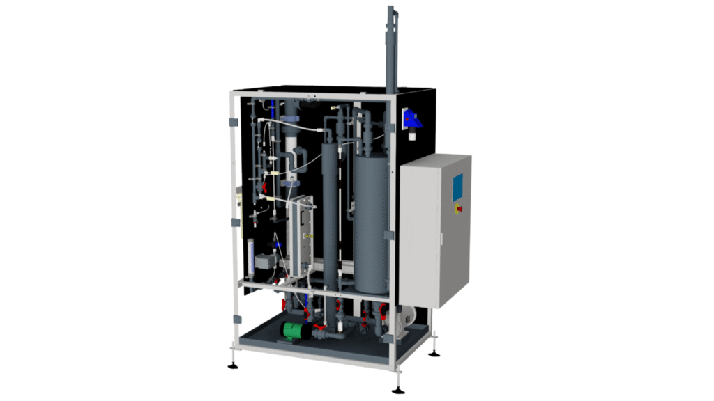 Chlorine generator for bacteria removal with integrated controls and dosing components for industrial water treatment.