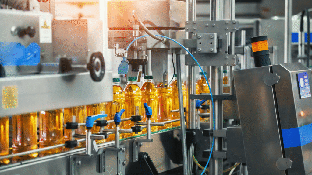 Automated bottling line in a beverage facility, representing the importance of biofilm control in food and beverage water systems.