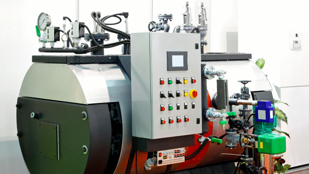 Industrial boiler system with modern controls for water treatment of boiler operations.