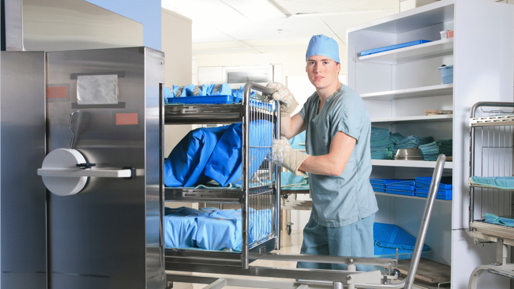 Technician checking sterilization equipment to ensure proper boiler water quality in healthcare.