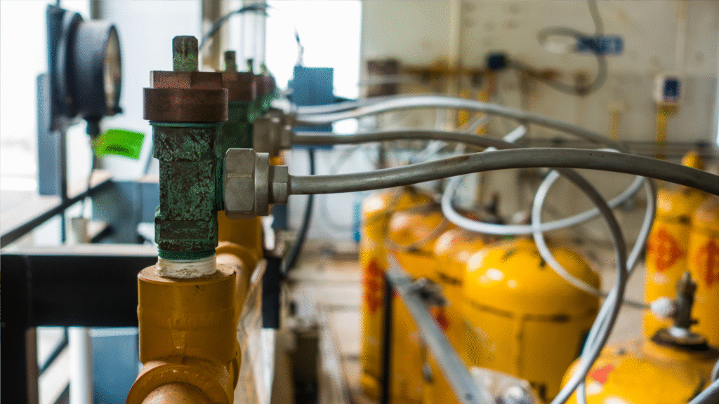 Industrial chlorine monitor setup with pressure gauges and chemical feed lines in a treatment facility