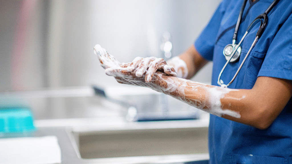 Healthcare worker scrubbing hands in preparation, symbolizing disinfection monitoring in clinical settings.