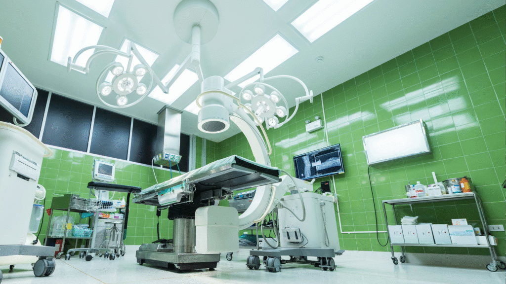 Modern hospital operating room with medical equipment, illustrating the critical role of healthcare secondary disinfection in protecting patient environments.