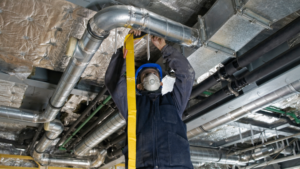 Technician inspecting HVAC condensation through ductwork in an industrial facility.