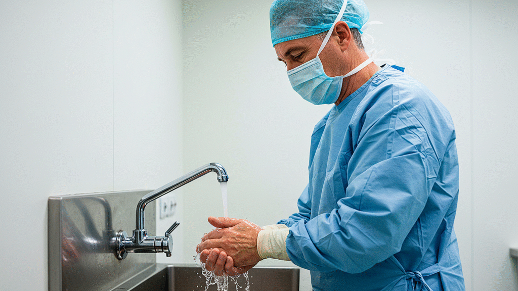 Healthcare worker washing hands at hospital sink as part of Legionella control in healthcare settings.
