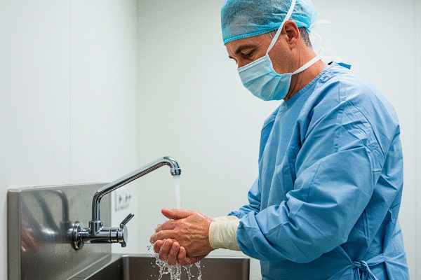 Healthcare worker washing hands at hospital sink as part of Legionella control in healthcare settings.