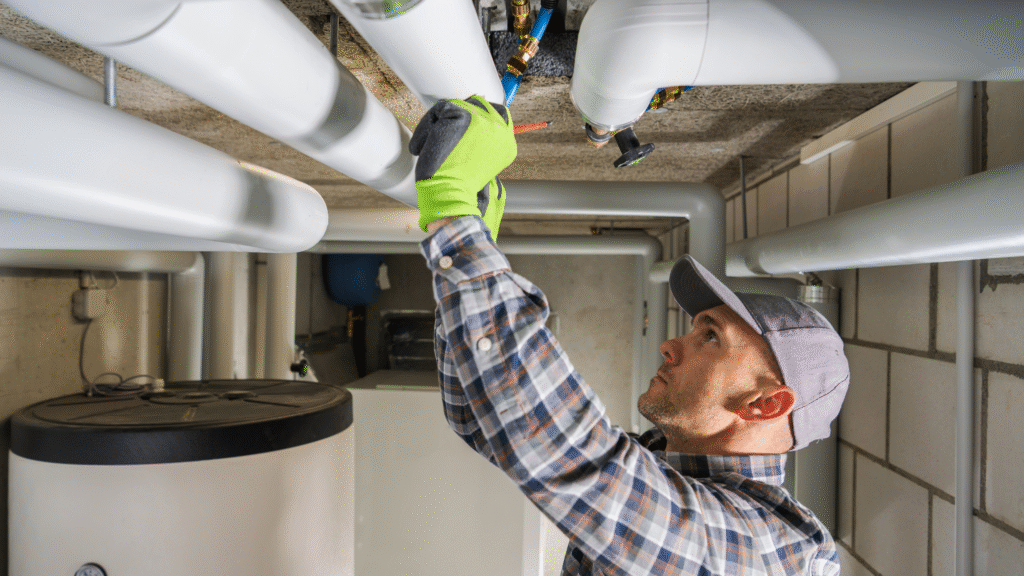 Technician inspecting insulated pipes as part of campus water system maintenance.