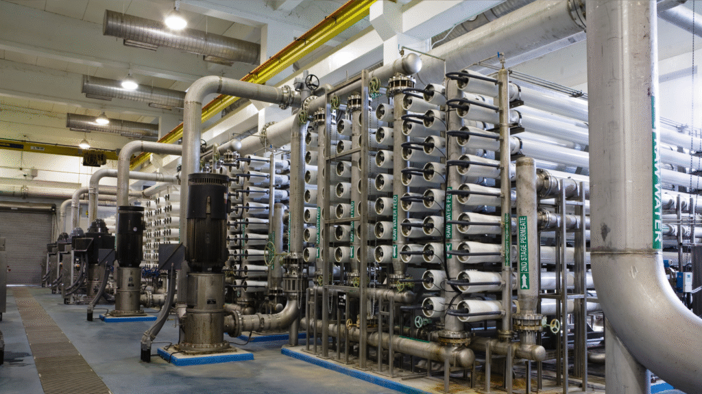 Industrial reverse osmosis system with membrane housings and high-pressure piping for water purification