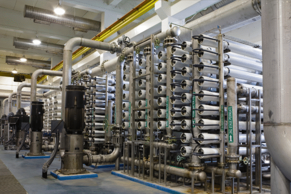 Industrial reverse osmosis system with membrane housings and high-pressure piping for water purification