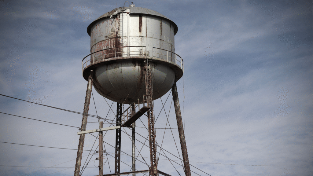 Aging elevated water storage tank showing visible rust, symbolizing infrastructure risks to water security.