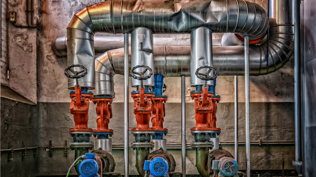 Industrial piping and valve system illustrating infrastructure impacted by hard water buildup, highlighting the need for a water softener solution.
