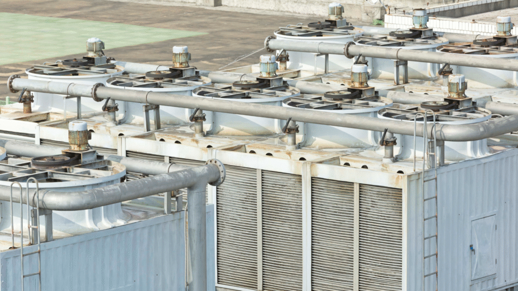 Large commercial cooling tower system with visible fan motors, louvers, and distribution piping—highlighting key cooling tower components.