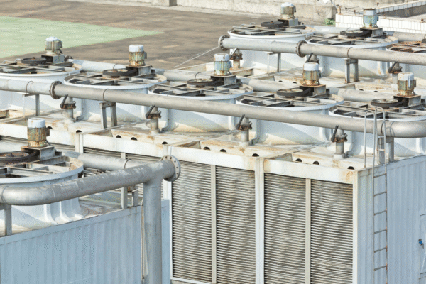 Large commercial cooling tower system with visible fan motors, louvers, and distribution piping—highlighting key cooling tower components.