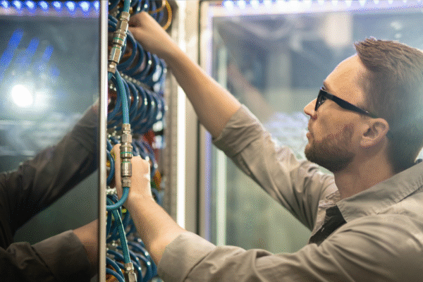 Technician inspecting cooling system components in a data center water treatment operation