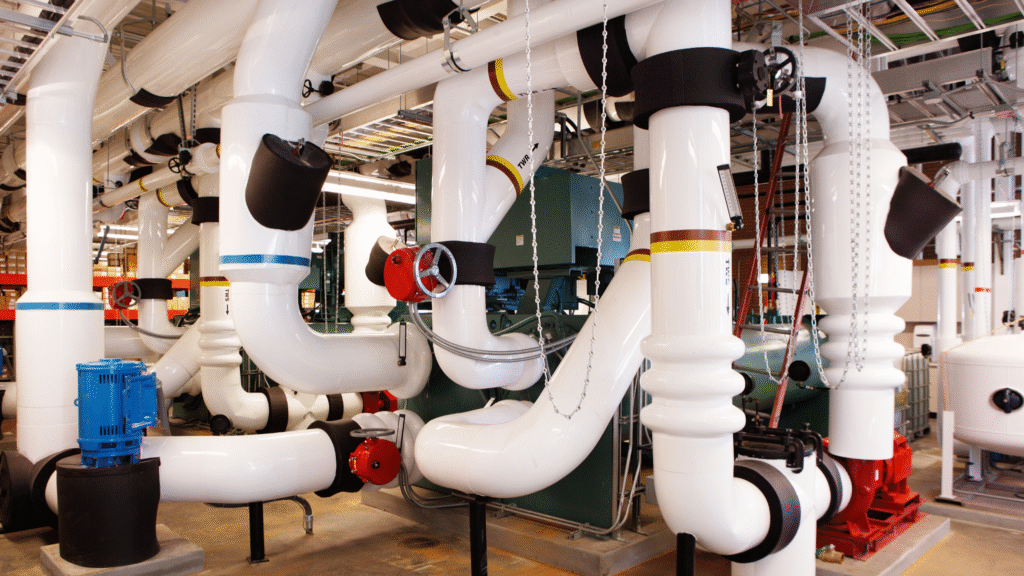 Industrial HVAC piping system optimized for glycol mixture flow and heat transfer efficiency
