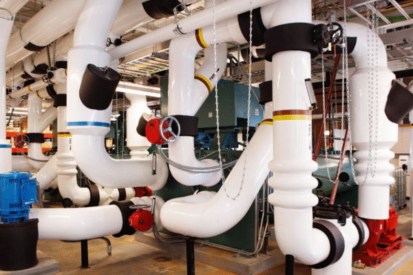 Industrial HVAC piping system optimized for glycol mixture flow and heat transfer efficiency