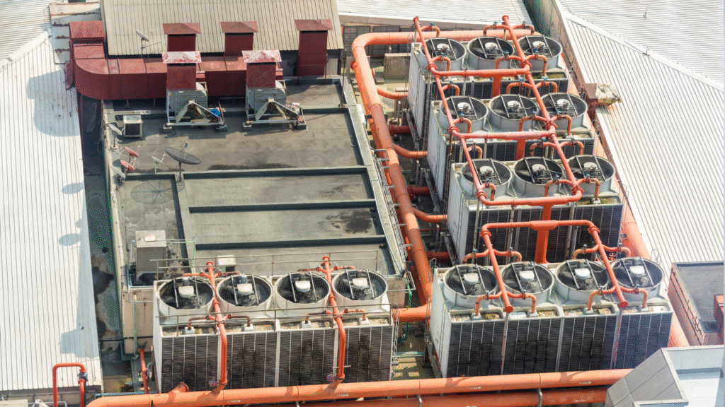 Aerial view of rooftop cooling towers and piping vulnerable to intermittent water supply issues in data center infrastructure.