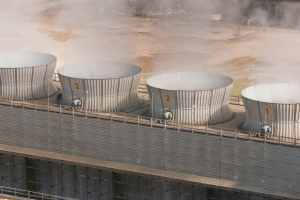 Cooling towers releasing mist, highlighting the need for effective legionella treatment to prevent bacteria growth.