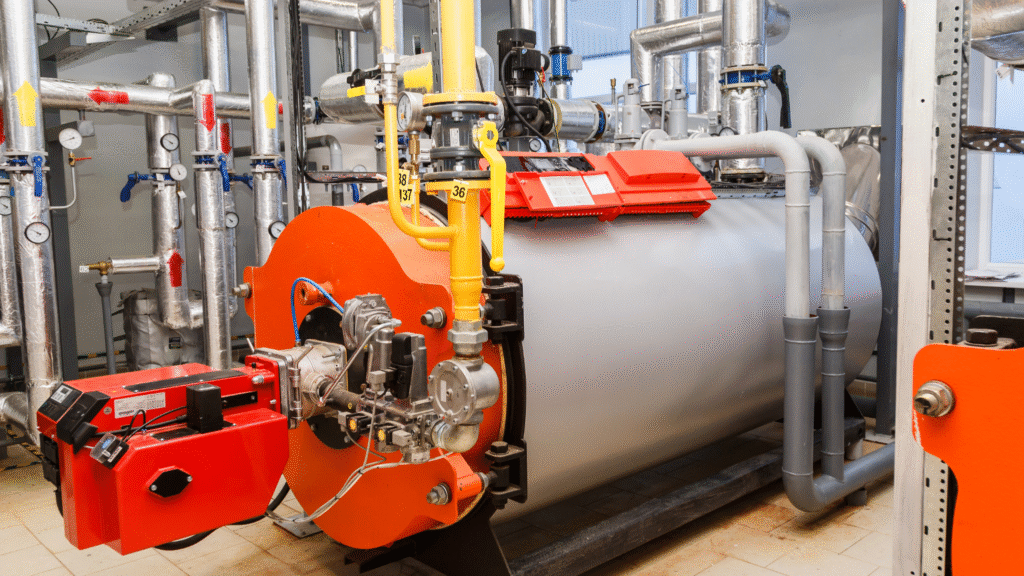 Industrial boiler system with visible piping and valves, emphasizing the role of pH control in boiler water treatment.
