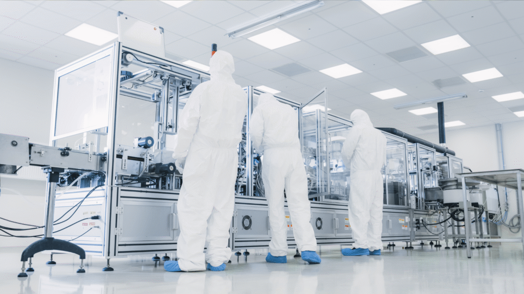 Personnel in a sterile cleanroom operating automated equipment, emphasizing the importance of water quality for sterilization effectiveness.