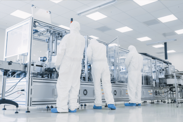 Personnel in a sterile cleanroom operating automated equipment, emphasizing the importance of water quality for sterilization effectiveness.