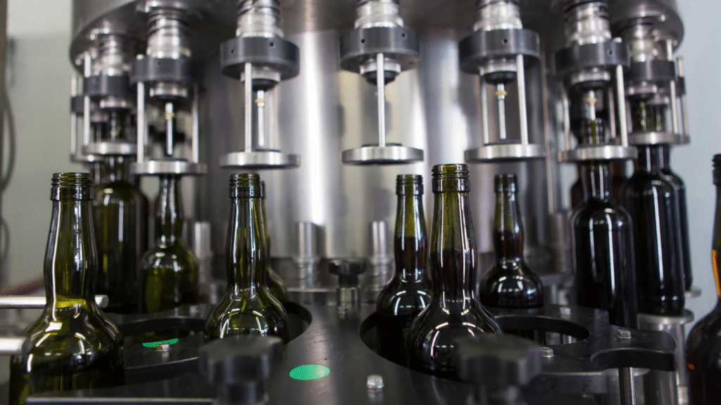 Bottling machine filling beverage containers under hygienic, controlled conditions for beverage quality control