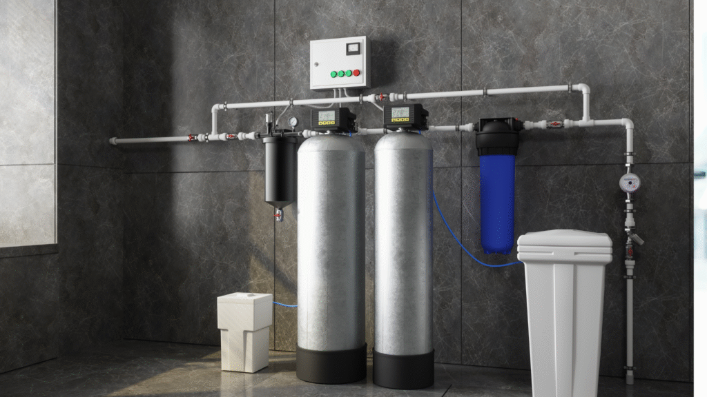 Professional commercial water softener installation at an industrial facility for improved water quality and efficiency.
