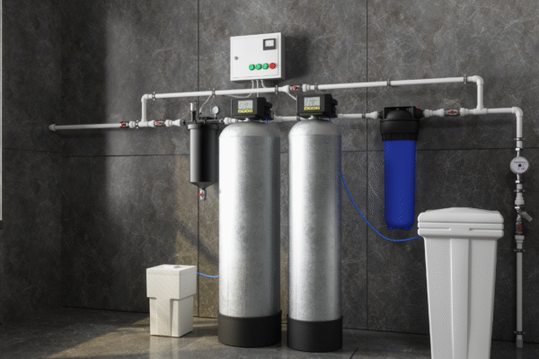 Professional commercial water softener installation at an industrial facility for improved water quality and efficiency.