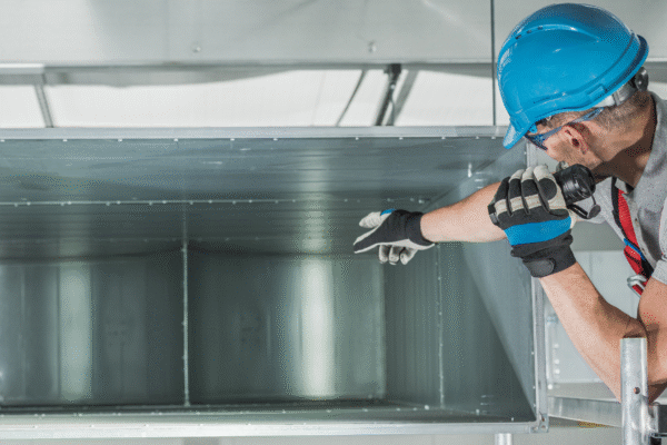 Technician performing visual inspection inside a cooling tower basin.