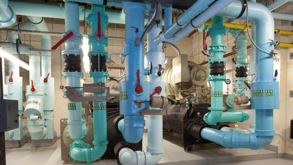 Cooling tower filtration system with water supply lines and filtration equipment in a mechanical room