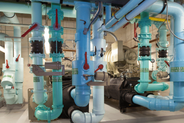 Cooling tower filtration system with water supply lines and filtration equipment in a mechanical room