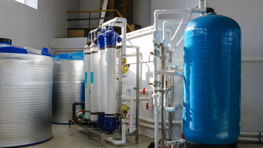 Reverse osmosis tank installed in a water purification system with pipes and filtration components