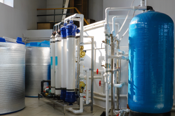 Reverse osmosis tank installed in a water purification system with pipes and filtration components