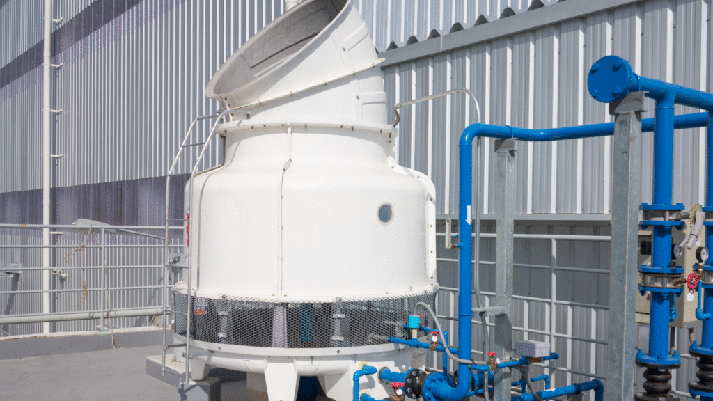 Compact cooling tower system with connected piping, illustrating proper use of water treatment chemicals for efficient cooling performance.