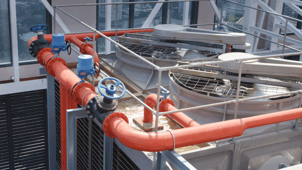 Cooling tower fill system on a commercial rooftop with fans, piping, and valves supporting efficient heat transfer and water flow.