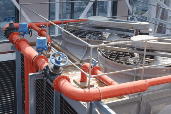 Cooling tower fill system on a commercial rooftop with fans, piping, and valves supporting efficient heat transfer and water flow.