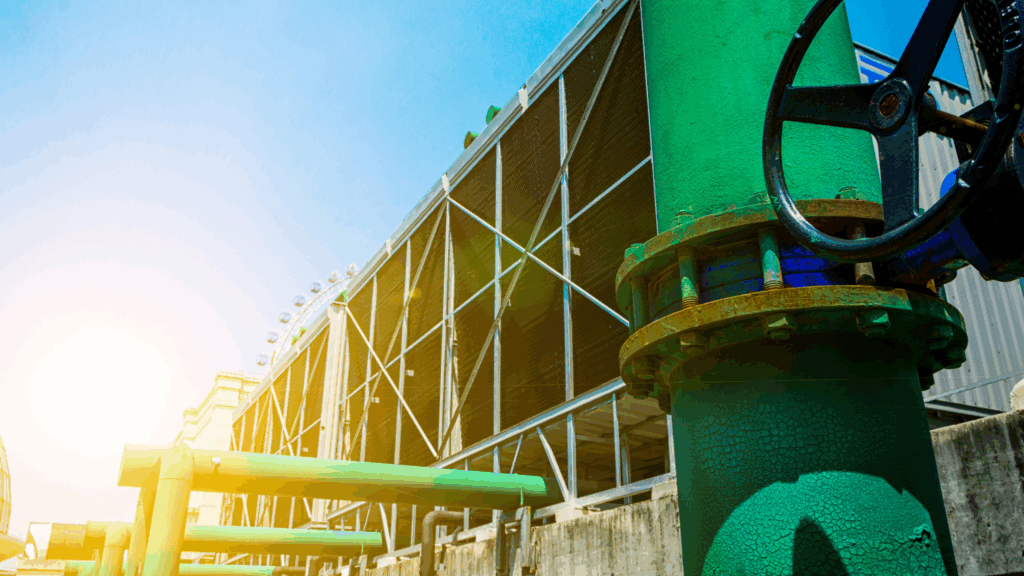 Cooling tower with green piping illustrating sustainable HVAC water treatment in a drought-prone facility