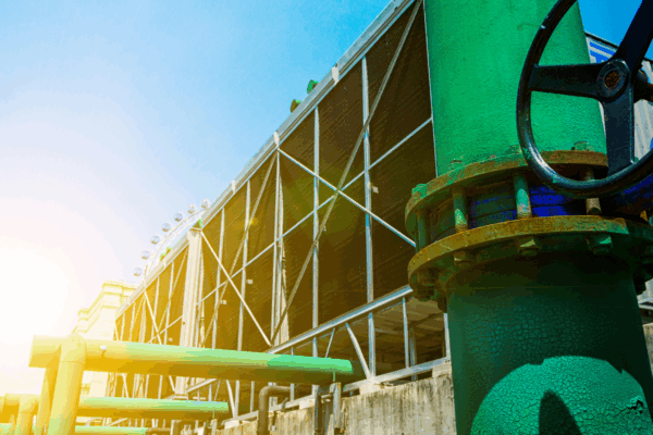 Cooling tower with green piping illustrating sustainable HVAC water treatment in a drought-prone facility