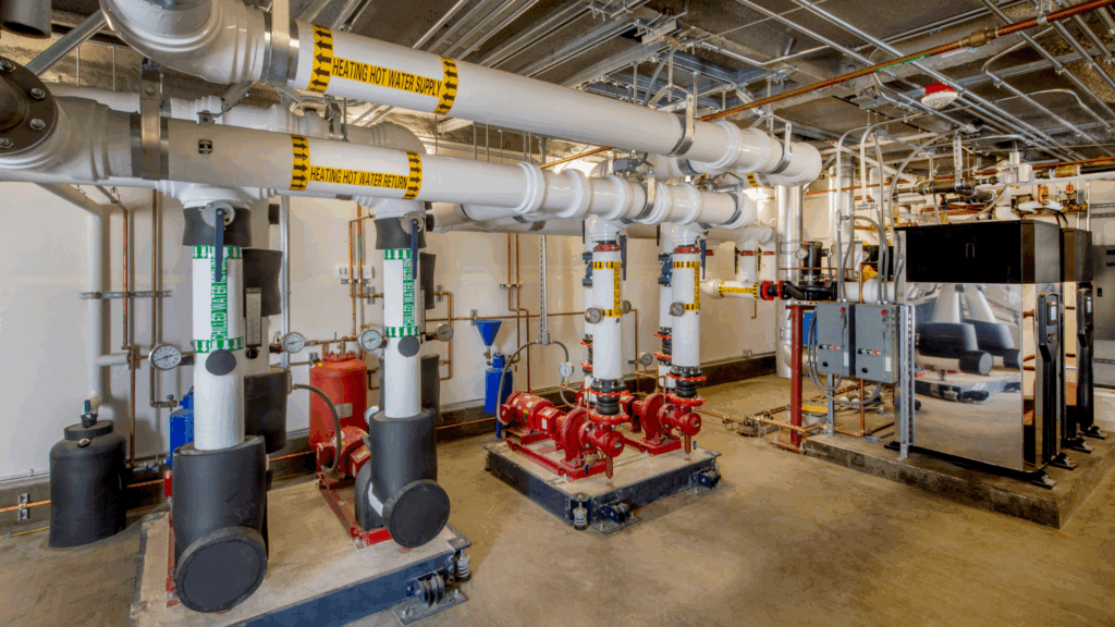 Cooling system piping integrated with industrial boiler systems for efficient heat transfer and facility water management.