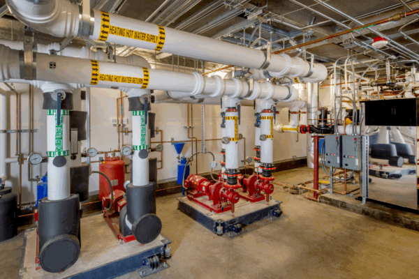 Cooling system piping integrated with industrial boiler systems for efficient heat transfer and facility water management.